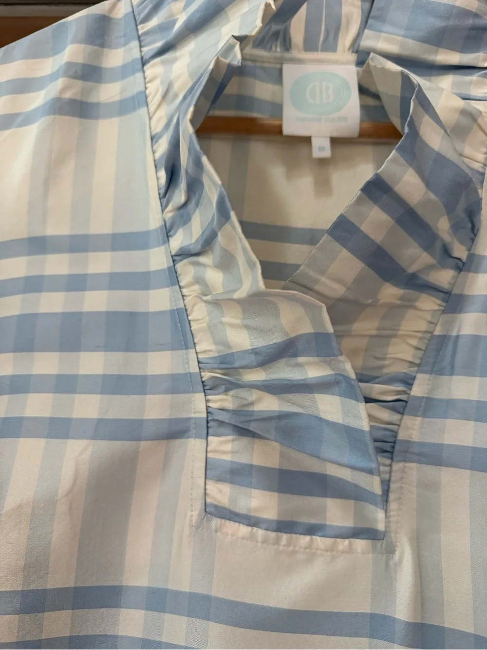 Devon Baer Silk Light Blue Plaid Ruffle-Trim Tunic Beautiful for a summer party - Picture 3 of 8